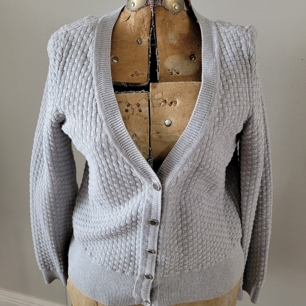 VTG Liz Claiborne Gray Textured Women's 100% Cotton Cardigan Open Front Sz S